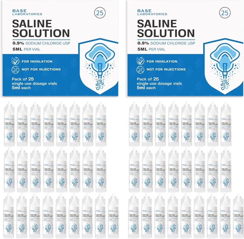 BASE LABORATORIES 0.9% Saline Solution for Nebulizer Machine | Saline Solution for Inhalation & Nasal Irrigation | 0.9% Concentration l (25 x 2) 50 Vials 5ml Unit Dose - Image 1